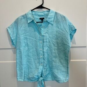 Talbots Small‎ Petite Blue Linen Tie-Front Short Sleeve Button Down Shirt